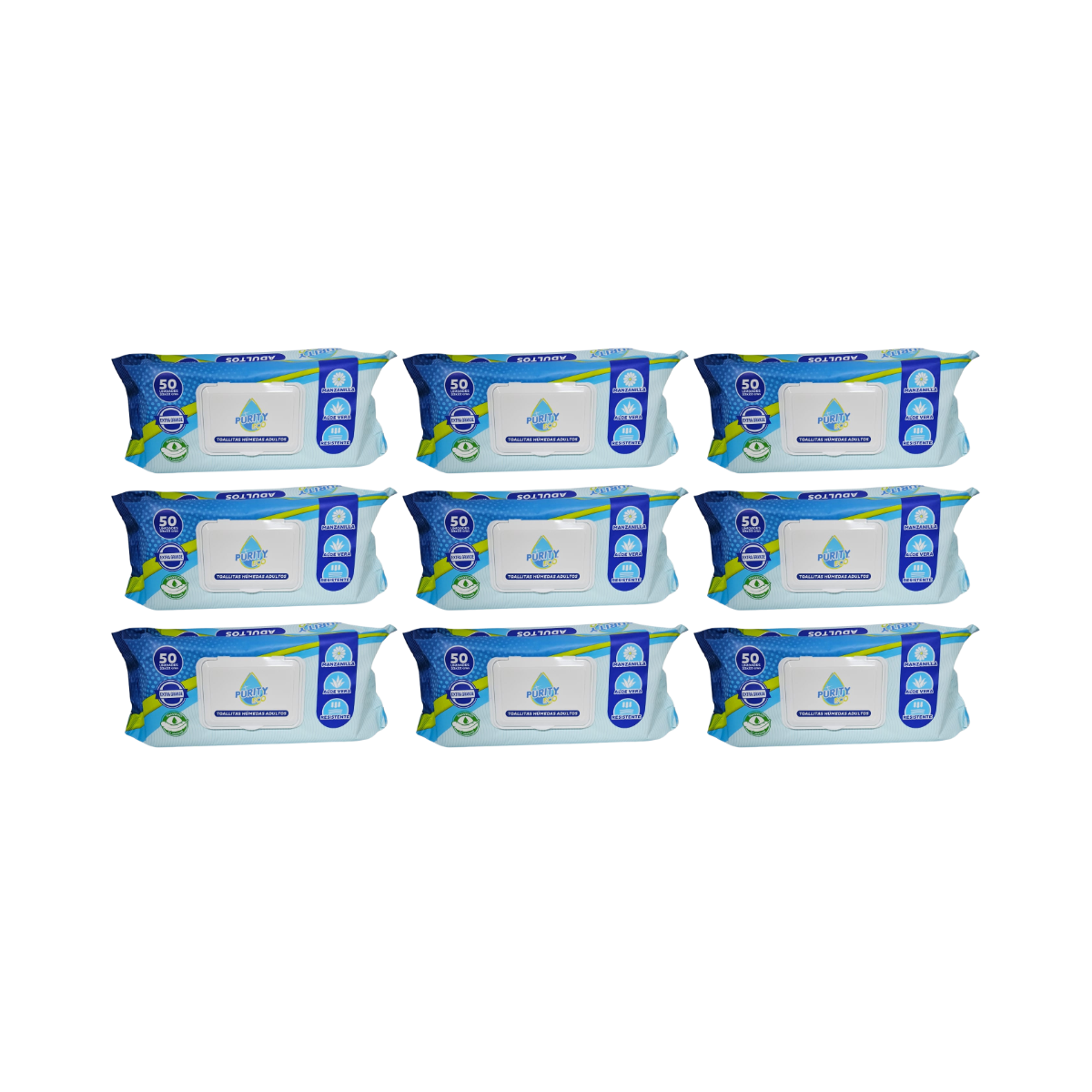 Pack 9 Toallitas Húmedas Adulto Purity Eco 50 Un , Extra Grande.