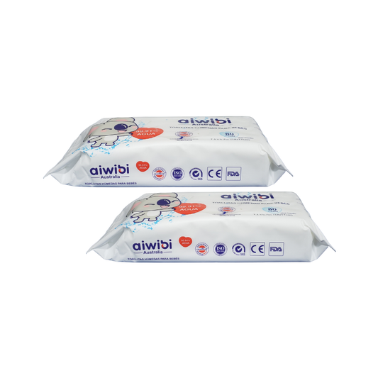 Pack 2 Toallitas Húmedas Aiwibi 80 unidades 99.91% de agua.