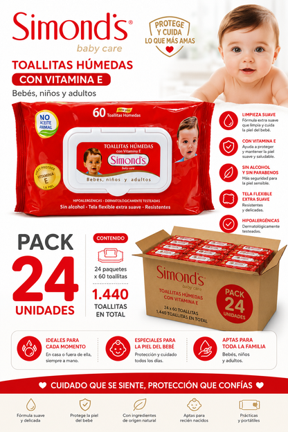 Toallitas Húmedas Simonds Baby Care 60un  Hipoalergénicas.