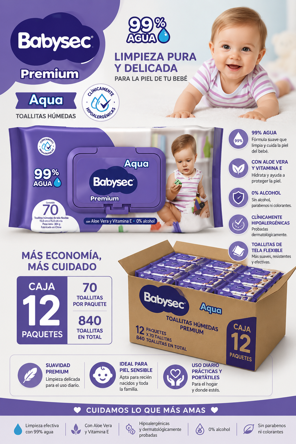 Toallita Húmeda Babysec Hipoalergénicas Aloe Vera 70 Unidades.