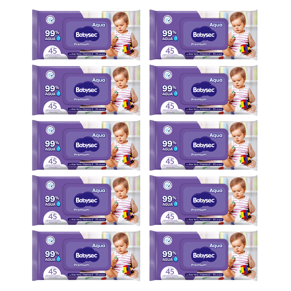 Pack 10 paquetes Toallitas Húmedas Babysec Hipoalergénicas Aloe Vera 45u por paquete.