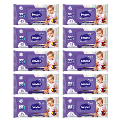 Pack 10 paquetes Toallitas Húmedas Babysec Hipoalergénicas Aloe Vera 45u por paquete.