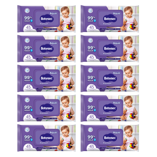 Pack 10 paquetes Toallitas Húmedas Babysec Hipoalergénicas Aloe Vera 45u por paquete.