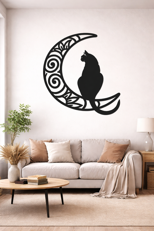 Cuadro Decorativo Gato Luna Mdf Negro 48x39 cm