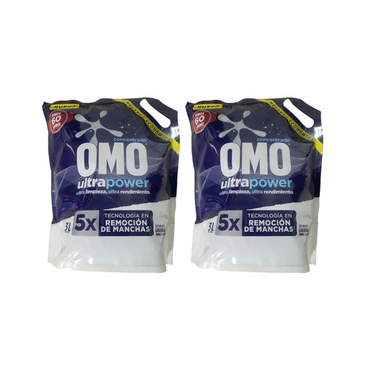 Pack 2  Detergentes Liquido  Omo Ultrapower Recarga  Doypack 3lt cada uno.