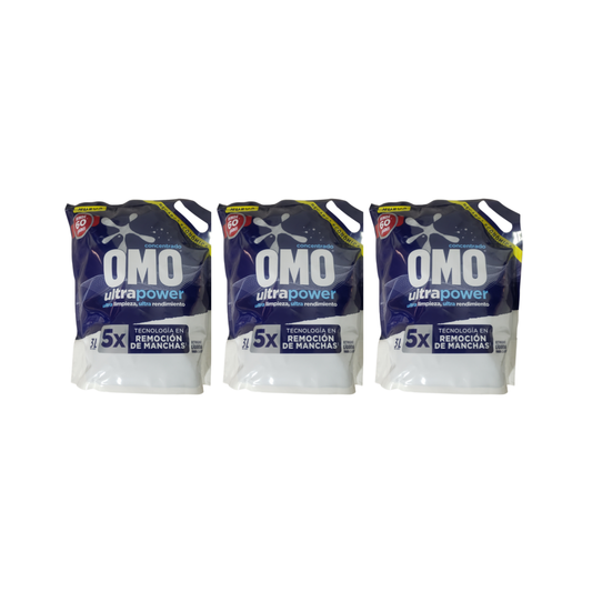 Pack 3  Detergentes Liquido Omo Ultrapower Recarga Doypack 3lt cada uno.