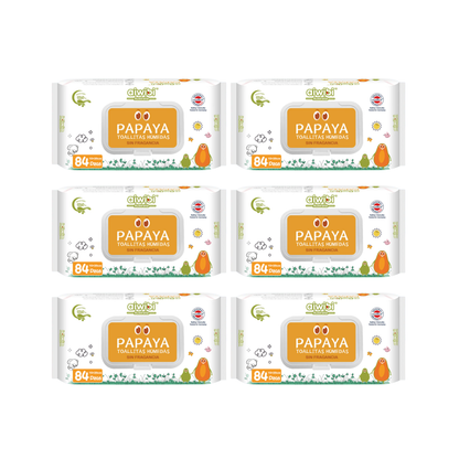 Pack 6 paquetes Toallitas Aiwibi 99.9% Agua Con Fibra De Papaya.