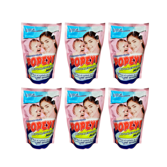Pack 6 Detergentes Liquido Popeye Hipoalergénico 800ml cada uno.
