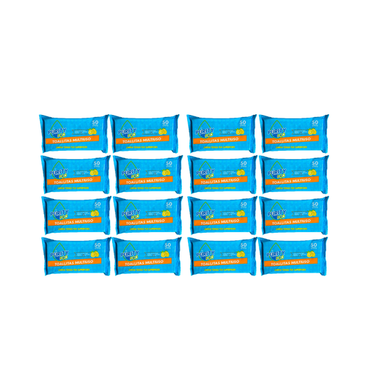 Pack 16 Toallitas Desinfectantes Multiuso PurityEco 50u por paquete.