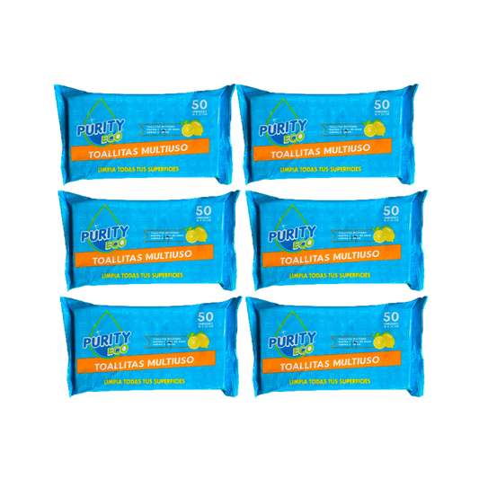 Pack 6 Toallitas Desinfectantes Multiuso PurityEco 50u por paquete.