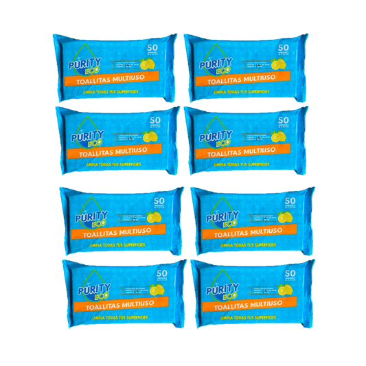 Pack 8 Toallitas Desinfectantes Multiuso PurityEco 50u por paquete.