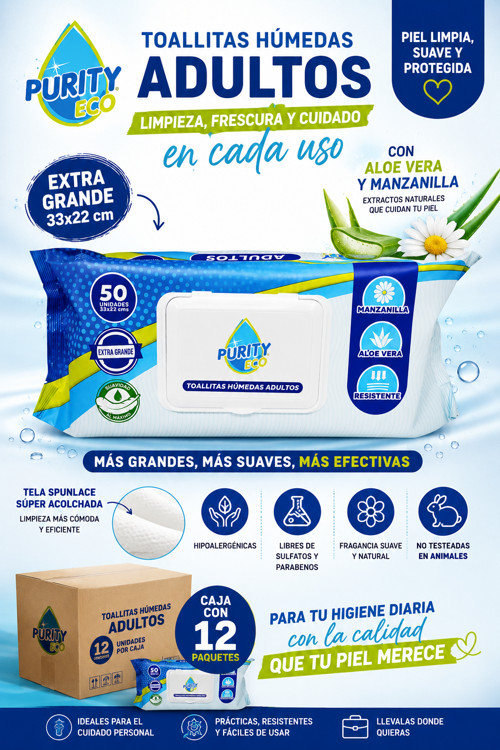 Toallitas Húmedas Adulto Purity Eco 50 Un , Extra Grande.