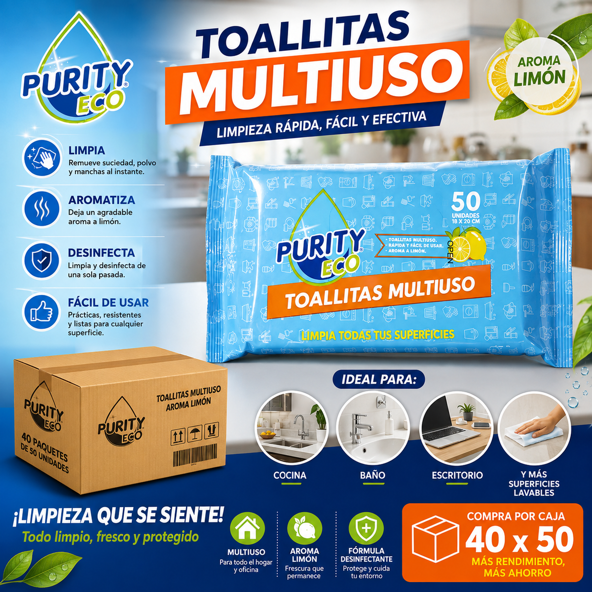 Toallitas de Limpieza Multiuso PurityEco - Aroma Limón