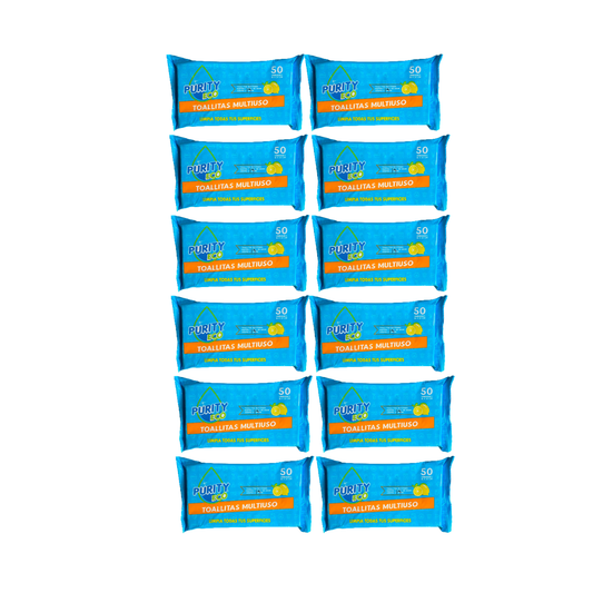 Pack 12 Toallitas Desinfectantes Multiuso PurityEco 50u por paquete.