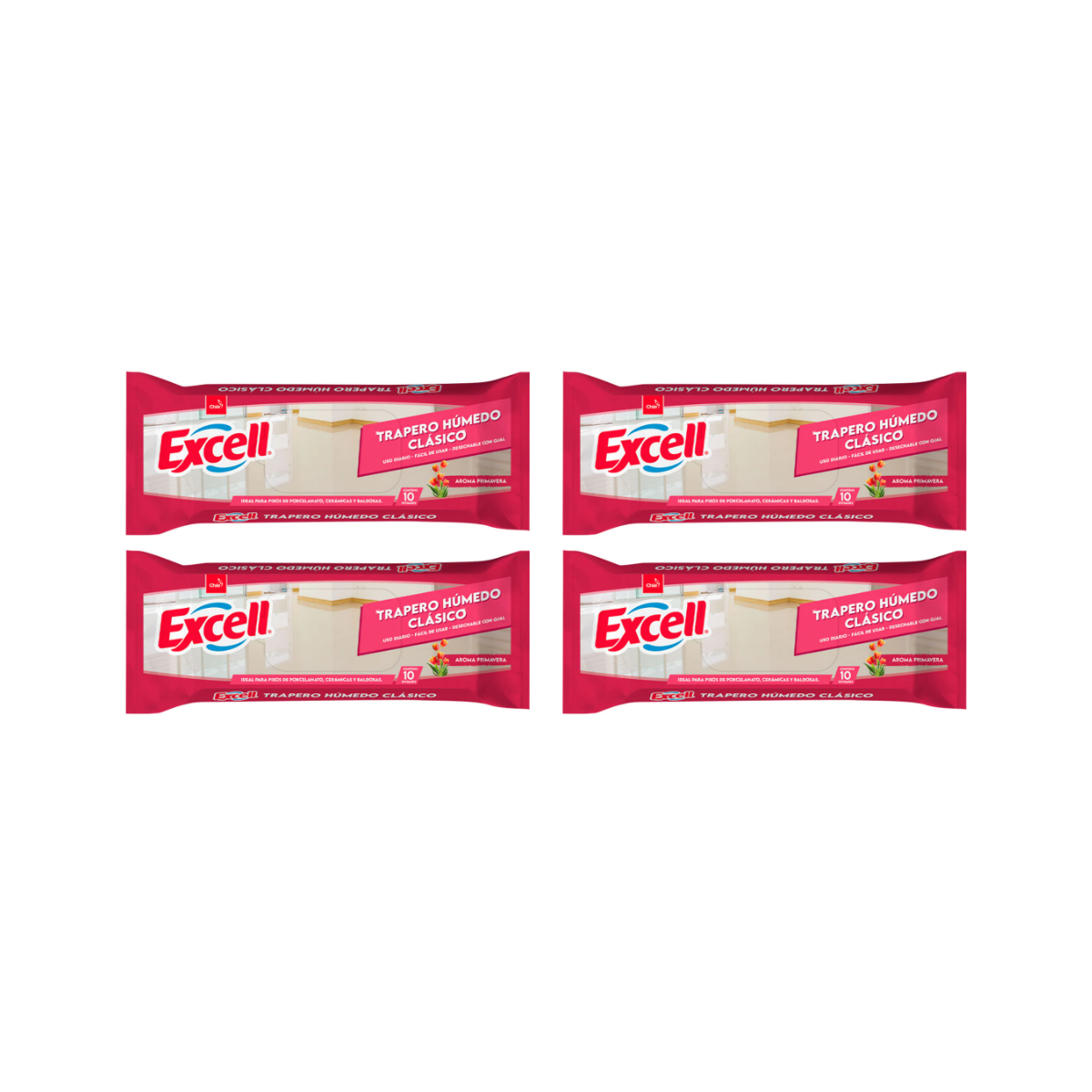Pack 4 Traperos Humedos Todo Tipo De Pisos Excell Primavera 10 Unid cada uno